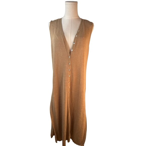 2/$30 ZARA M Sleeveless V Neckline Button-Down Camel Linen Blend Midi Dress - Picture 13 of 16